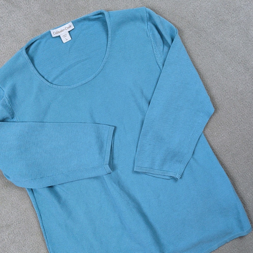 Coldwater Creek Silk Cotton Knit Sweater Womens Large Turquoise 3/4 Sleeve Top